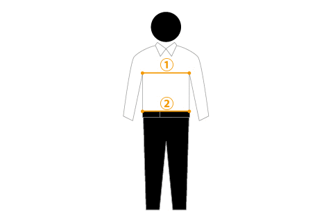 ①胸囲脇の下の位置を水平に測った寸法②ウェストベルトがおちつく位置を水平に測った寸法