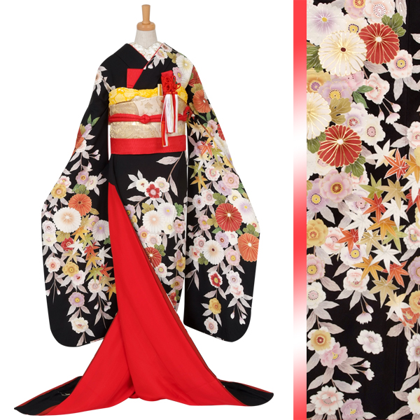 引き振袖：W002 黒 菊花と八重桜| 婚礼衣装レンタル | 京都着物 