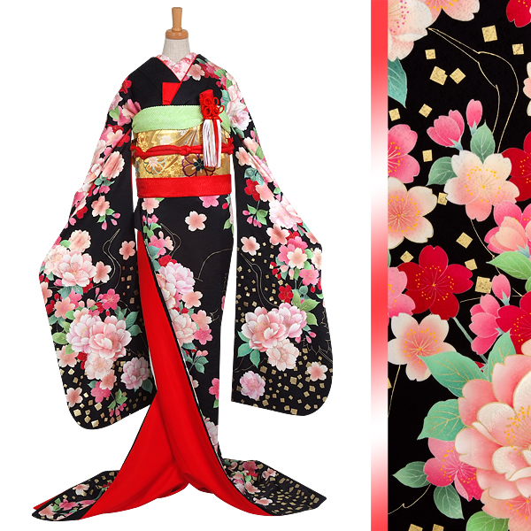 引き振袖：W004 黒 桜と椿| 婚礼衣装レンタル | 京都着物レンタル夢館
