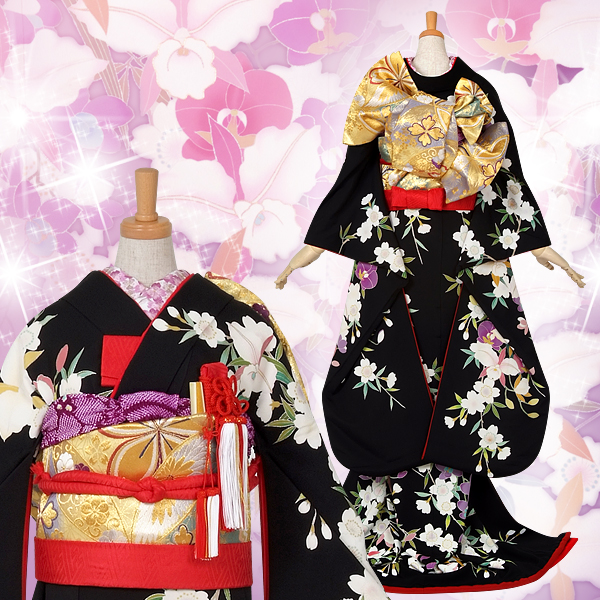 引き振袖：W006 黒 桜に胡蝶蘭☆| 婚礼衣装レンタル | 京都着物