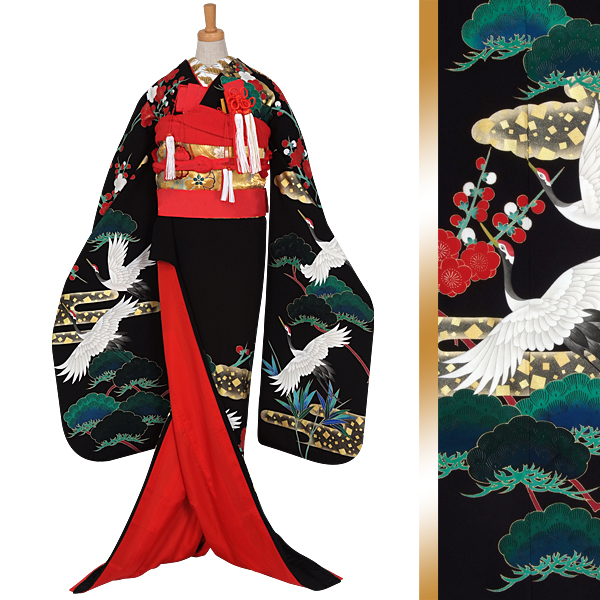 引き振袖：W011 黒 祝い鶴と松竹梅☆| 婚礼衣装レンタル | 京都着物