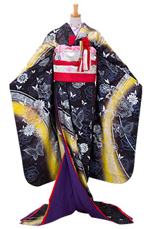 花嫁衣裳引き振袖 高級な黒引き振袖レンタル】hikifurisode-1 桐竹と檜扇の上質な