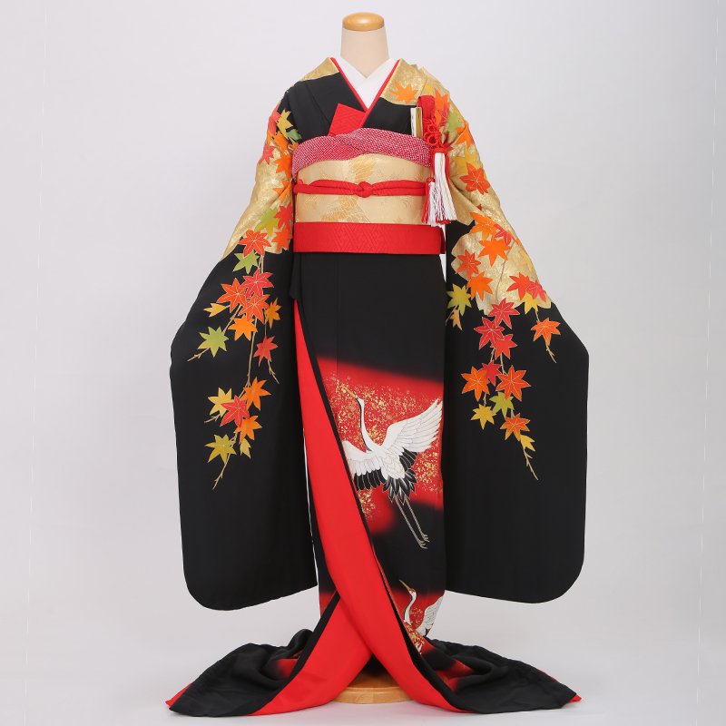 引き振袖：W017 黒 鶴に紅葉| 婚礼衣装レンタル | 京都着物レンタル夢館