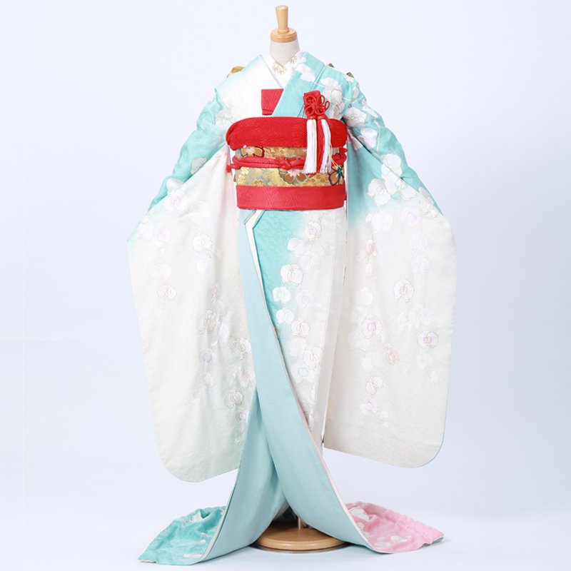引き振袖：W020 水色×白 胡蝶蘭| 婚礼衣装レンタル | 京都着物レンタル夢館