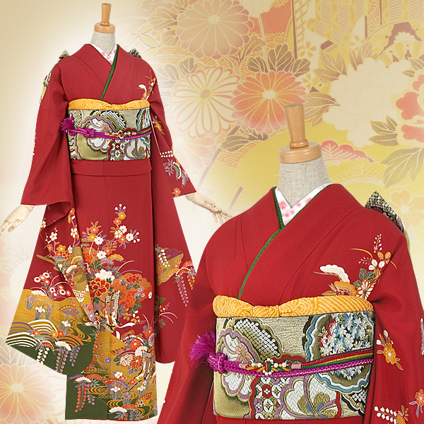 振袖：R044 エンジ 四季文☆(絹)(s)│ 振袖レンタル │ 京都着物