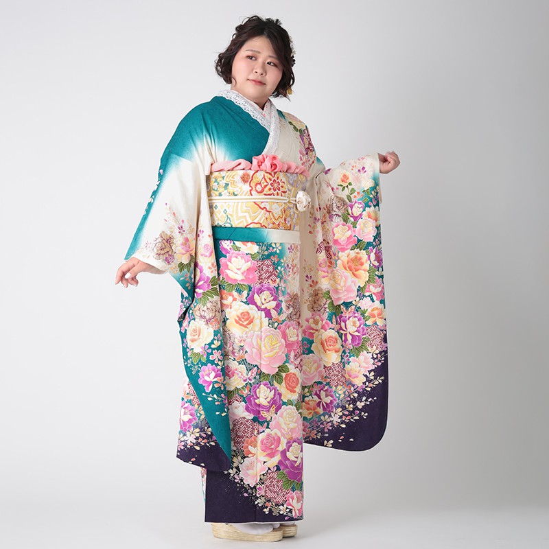 振袖：R1001 白×グリーン 薔薇と蝶☆(絹)(w)│ 振袖レンタル │ 京都