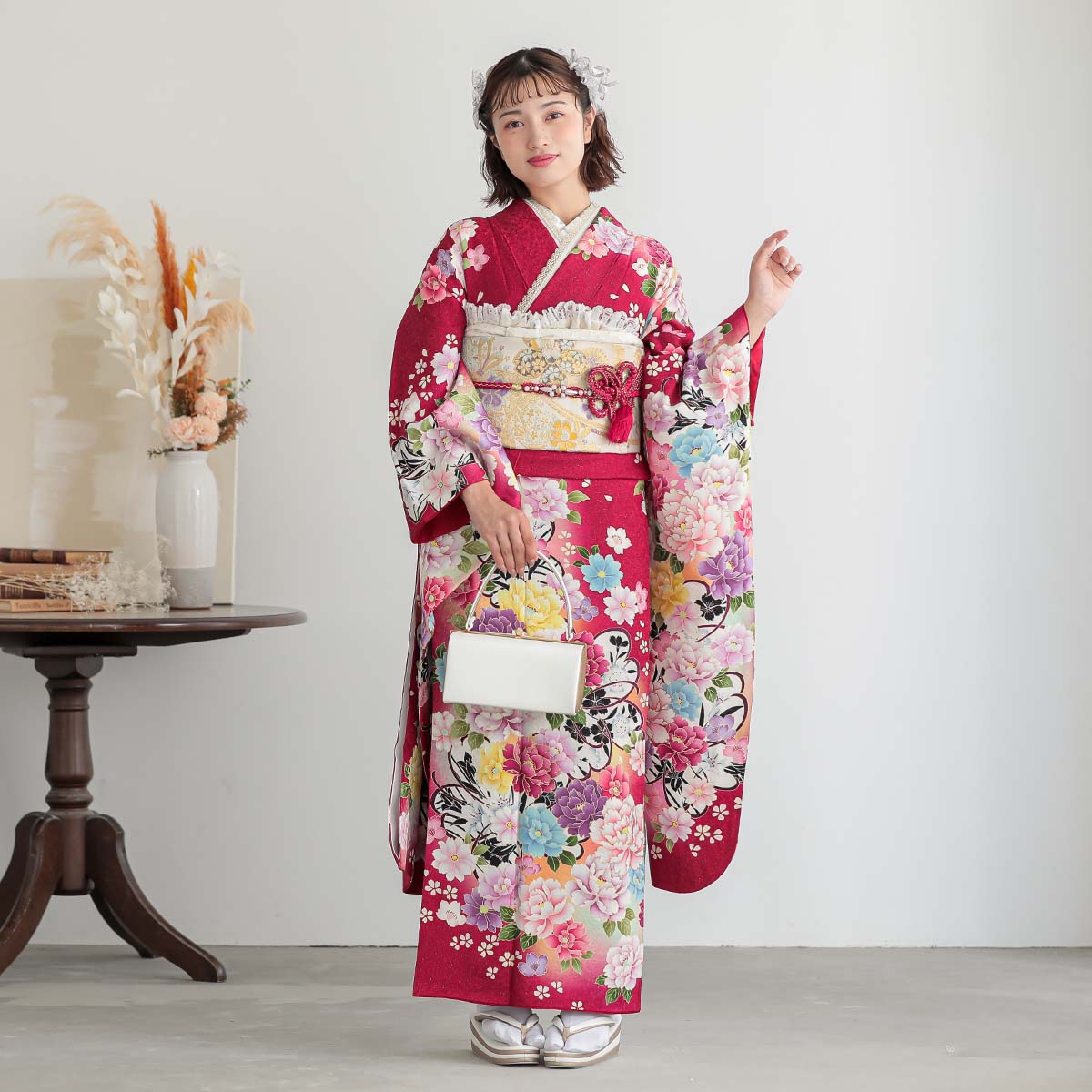 振袖：R1026 赤 彩色牡丹(絹)│ 振袖レンタル │ 京都着物レンタル夢館