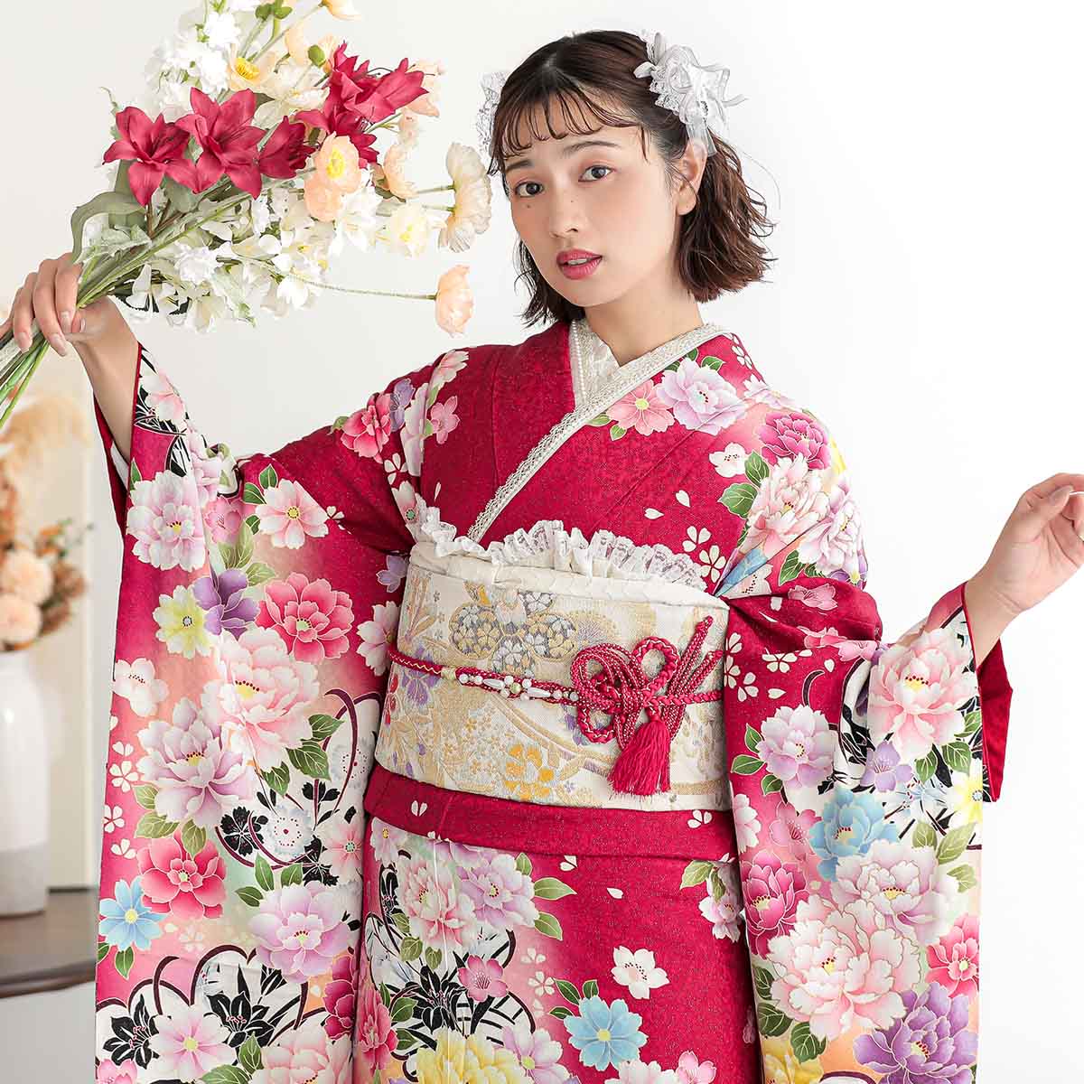 振袖：R1026 赤 彩色牡丹(絹)│ 振袖レンタル │ 京都着物レンタル夢館