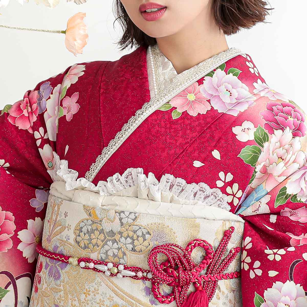 振袖：R1026 赤 彩色牡丹(絹)│ 振袖レンタル │ 京都着物レンタル夢館