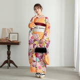 振袖：R1027 オレンジ 彩色牡丹☆(絹)│ 振袖レンタル │ 京都着物