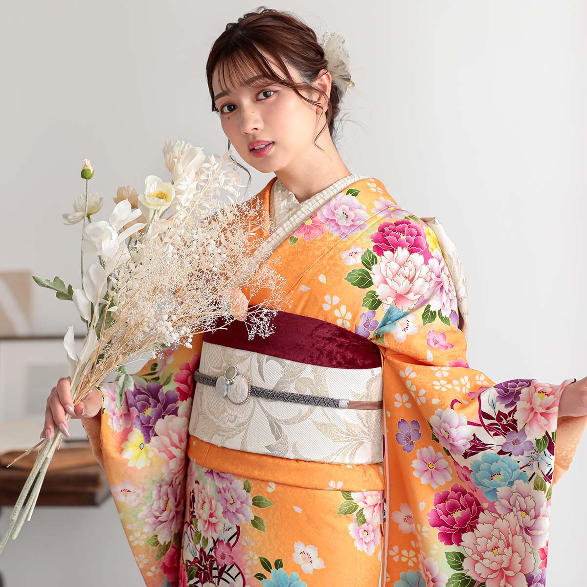 振袖と帯と小物 振袖：R1027 オレンジ 彩色牡丹☆(絹)│ 振袖レンタル │ 京都着物