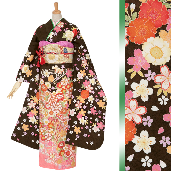 振袖：R1062 茶 花くす玉に流水桜☆(絹)│ 振袖レンタル │ 京都着物