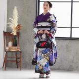 正絹　振袖　綸子紫ボカシラメ加工 振袖セット 販売 紫系 パープル ラメ 桜 鹿の子 流水 波 金通し 絵羽柄