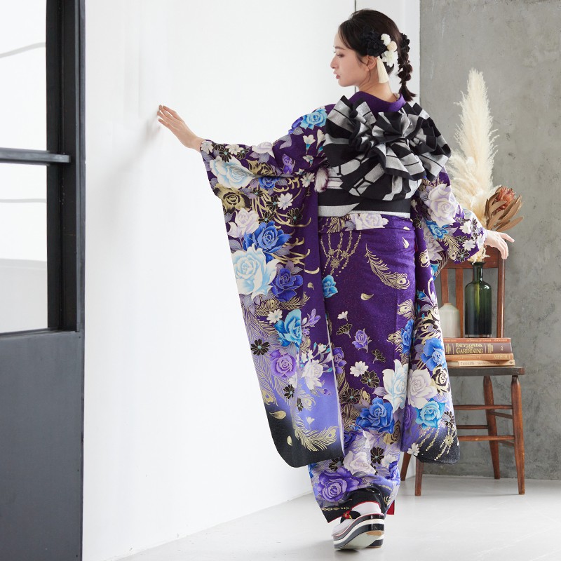 正絹　振袖　綸子紫ボカシラメ加工 振袖セット 販売 紫系 パープル ラメ 桜 鹿の子 流水 波 金通し 絵羽柄