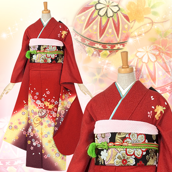 振袖：R109 赤 桜と手鞠☆(絹)│ 振袖レンタル │ 京都着物レンタル夢館