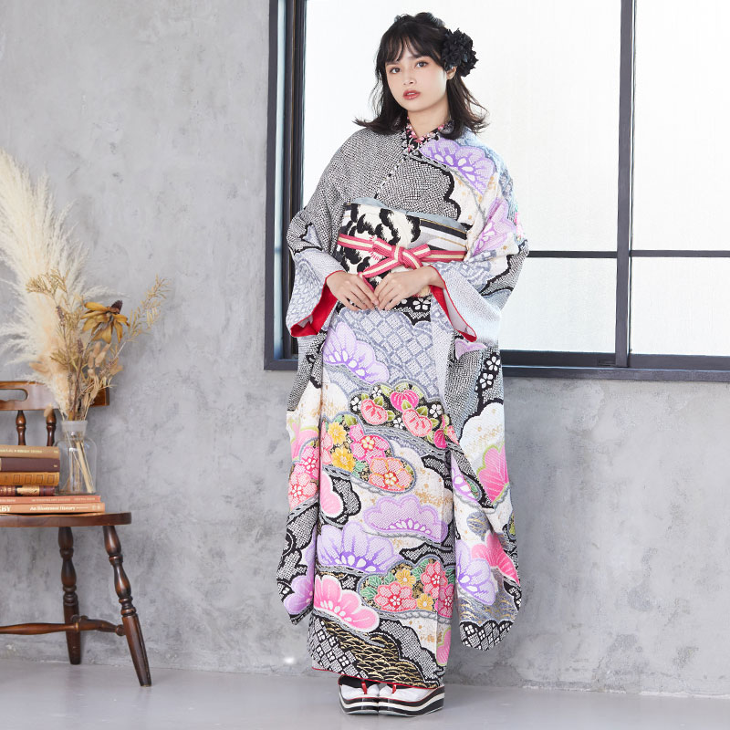和装バック着物バック琉球柄　蝶と鯉みんさー柄（黒グレー）　入学卒業結婚七五三振袖 和装バック着物バック琉球柄 蝶と鯉みんさー柄（黒グレー） 入学