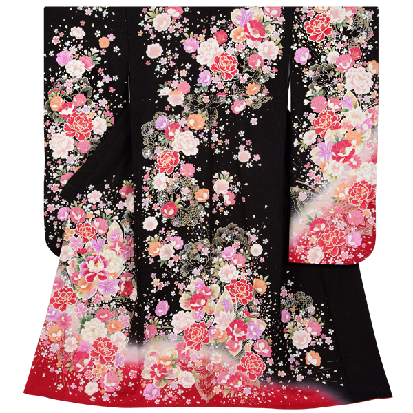 振袖：R1103 黒 牡丹と桜（赤ぼかし）(絹)(w)│ 振袖レンタル │ 京都