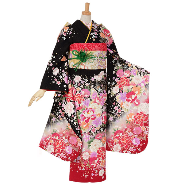 振袖：R1103 黒 牡丹と桜（赤ぼかし）(絹)(w)│ 振袖レンタル │ 京都