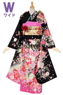 振袖：R1103 黒 牡丹と桜（赤ぼかし）(絹)(w)│ 振袖レンタル │ 京都