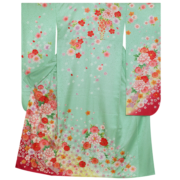 振袖：R1158 ミントグリーン 桜牡丹に毬☆(絹)(宅)│ 振袖レンタル