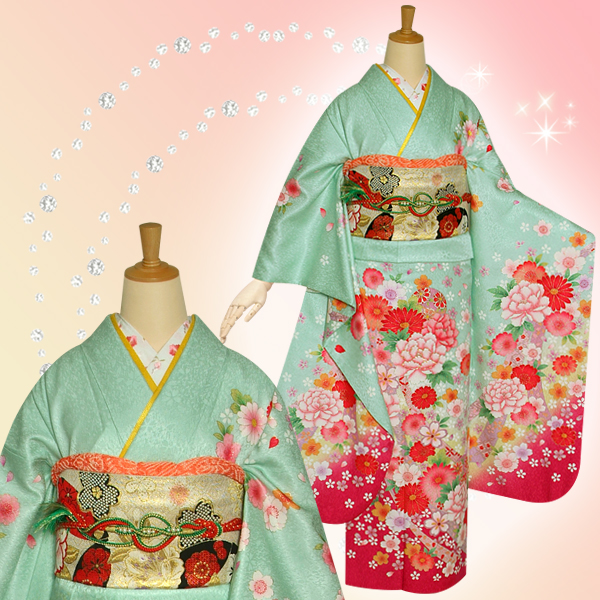 振袖：R1158 ミントグリーン 桜牡丹に毬☆(絹)(宅)│ 振袖レンタル