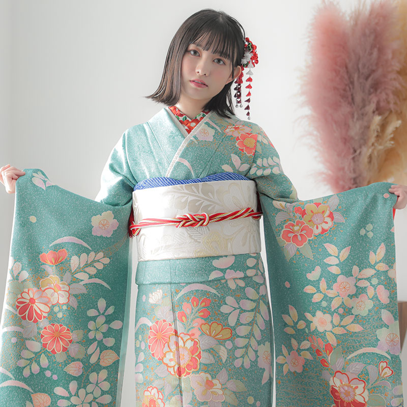 振袖：R1178 青緑 椿に菊梅文様☆(絹)│ 振袖レンタル │ 京都着物