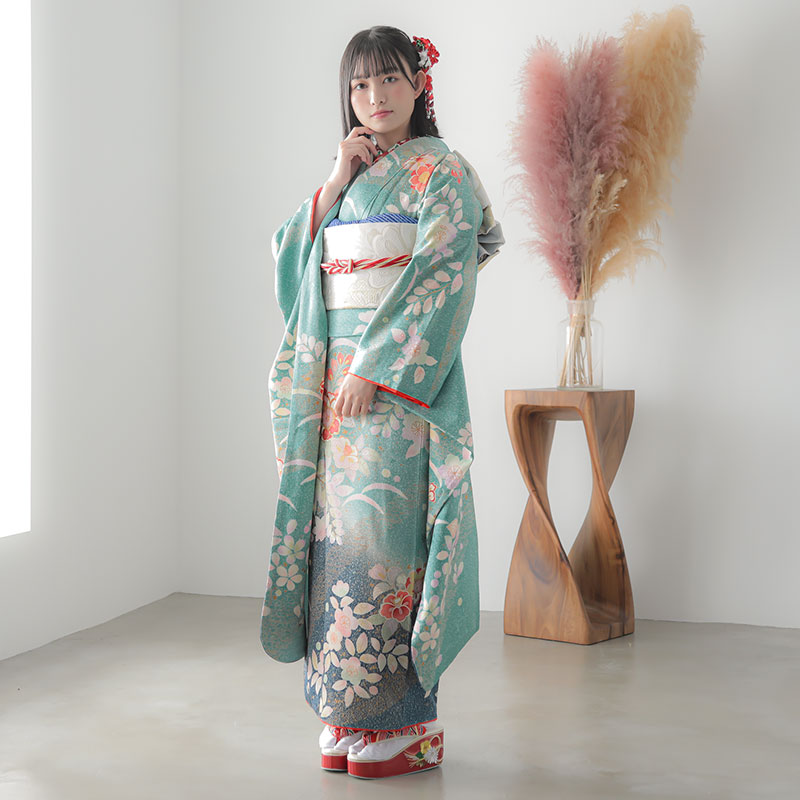 振袖：R1178 青緑 椿に菊梅文様☆(絹)│ 振袖レンタル │ 京都着物