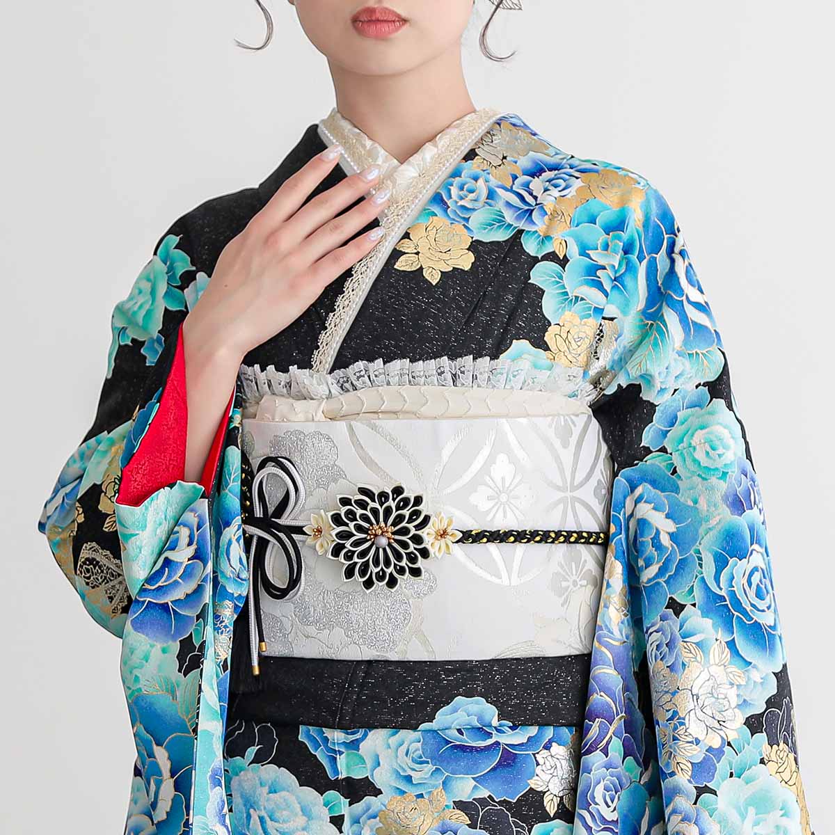 振袖：R1189 黒青 薔薇☆(絹)(宅)│ 振袖レンタル │ 京都着物レンタル夢館