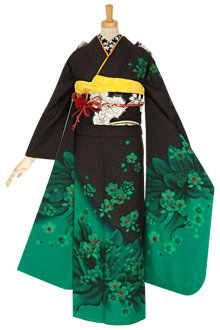 振袖：R1068 黒ブルー 桜(絹)│ 振袖レンタル │ 京都着物レンタル夢館