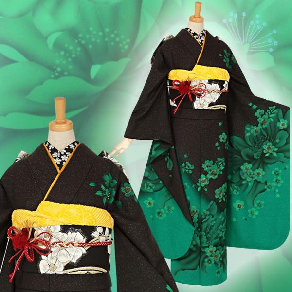 振袖：R1195 黒×緑 桜☆(絹)│ 振袖レンタル │ 京都着物レンタル夢館