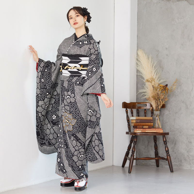 振袖：R1196 黒 絞り 熨斗に牡丹☆(絹)(宅)│ 振袖レンタル │ 京都