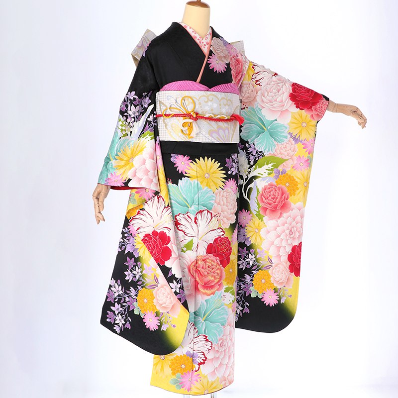 振袖：R1207 Lako Kula 黒 ハイビスカスに牡丹(絹)(R1848