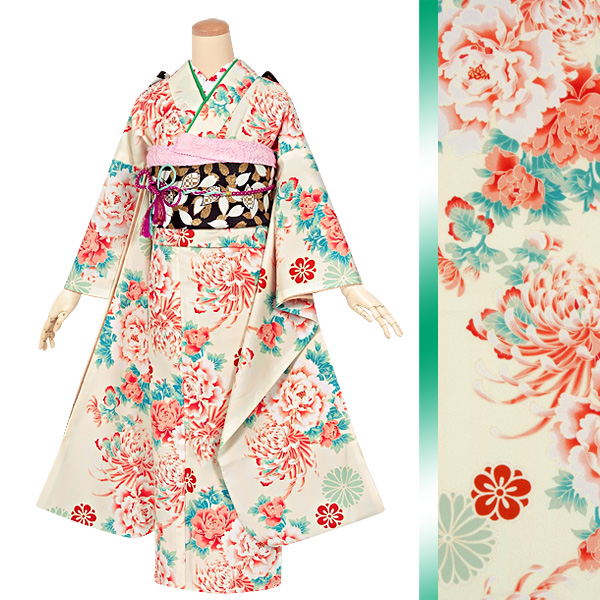 振袖:R1254 クリーム ストライプ牡丹と菊│ 振袖レンタル 振袖:R1254 クリーム ストライプ牡丹と菊│ 振袖レンタル
