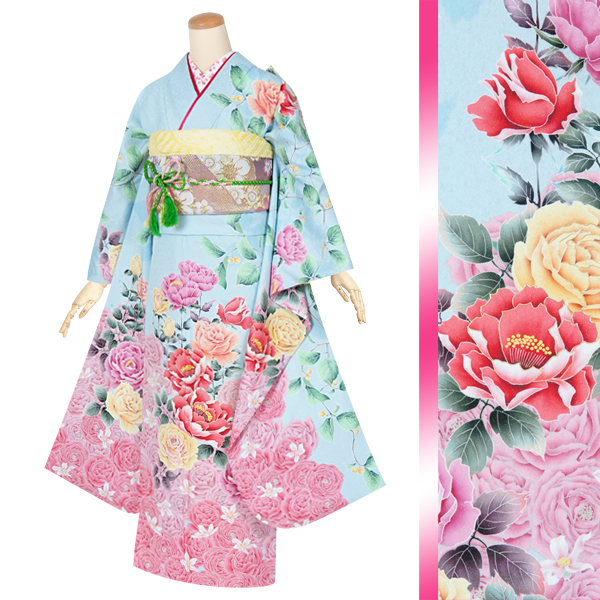 振袖：R1322 水色 可愛い薔薇に包まれて☆(絹)(宅)│ 振袖レンタル