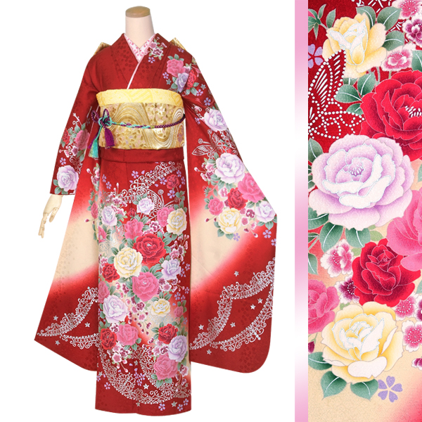 振袖 着物 Leah Dizon 赤 薔薇 裄69.5 ＴＬ 中古 sn1876 Leah Dizon 振袖 No.EA-1960-Mサイズのレンタル｜きもの365