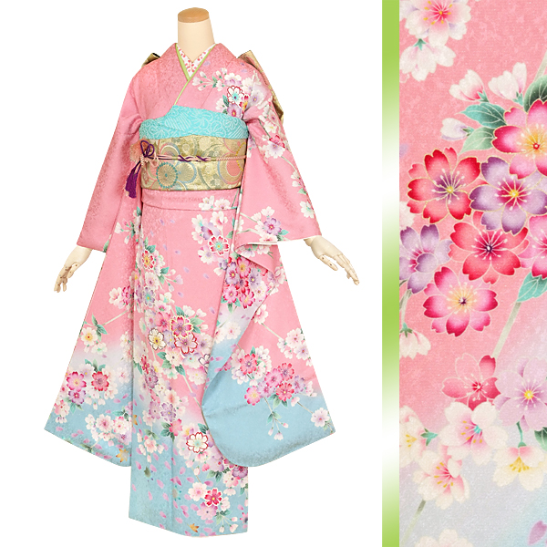 振袖セット　桜　花尽くし　ピンク系　149cm 振袖 レンタル 成人式 セット 20点フルセット「紫地にピンクぼかし刺繍