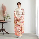 【振袖】 着物 袷 広衿 小振袖 橋 草花 模様 吉祥紋様 身丈約161cm 振袖：R1417 白 貝桶吉祥文様☆(絹)│ 振袖レンタル │ 京都着物