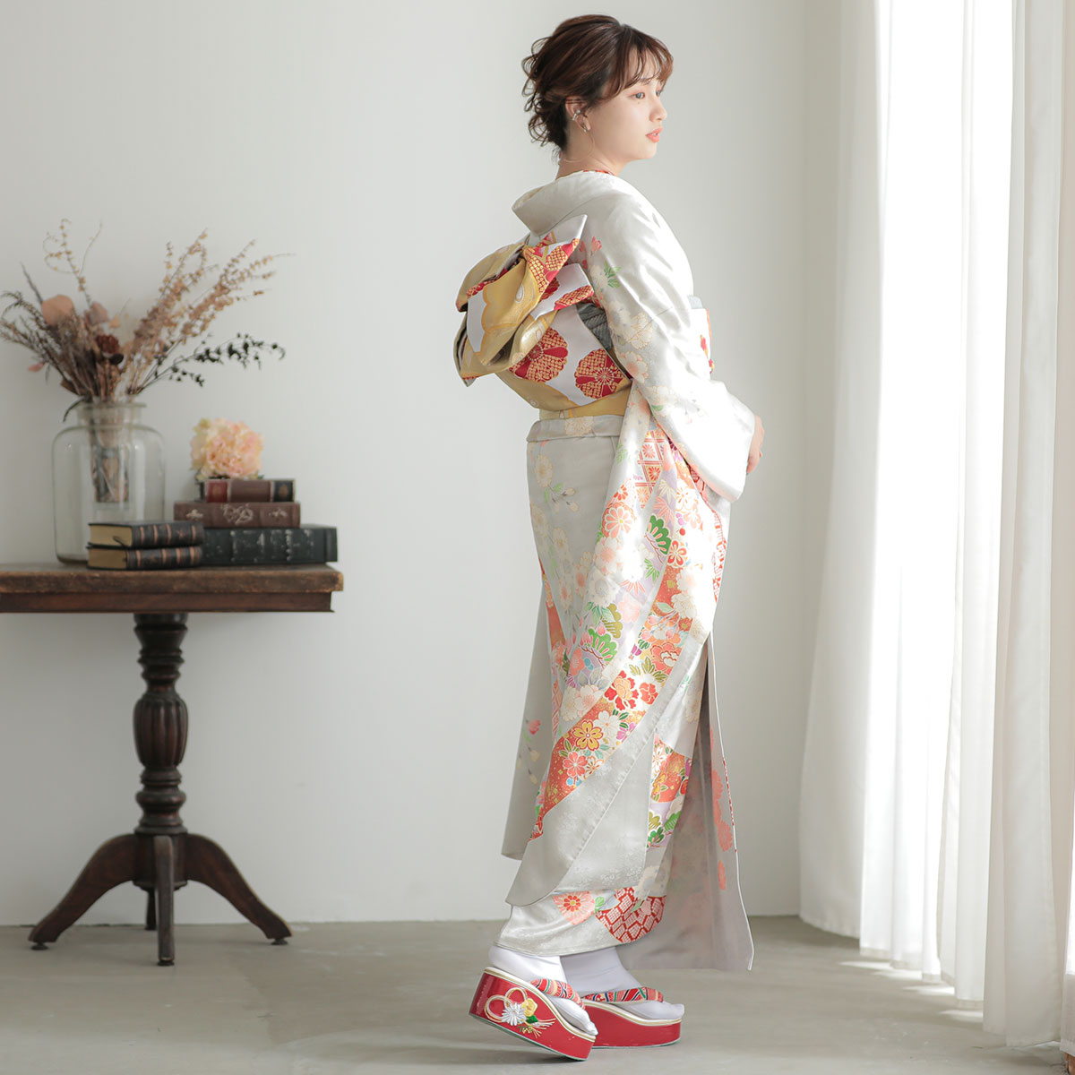 振袖：R1424 グレー 熨斗に八重桜☆(絹)(宅)│ 振袖レンタル │ 京都