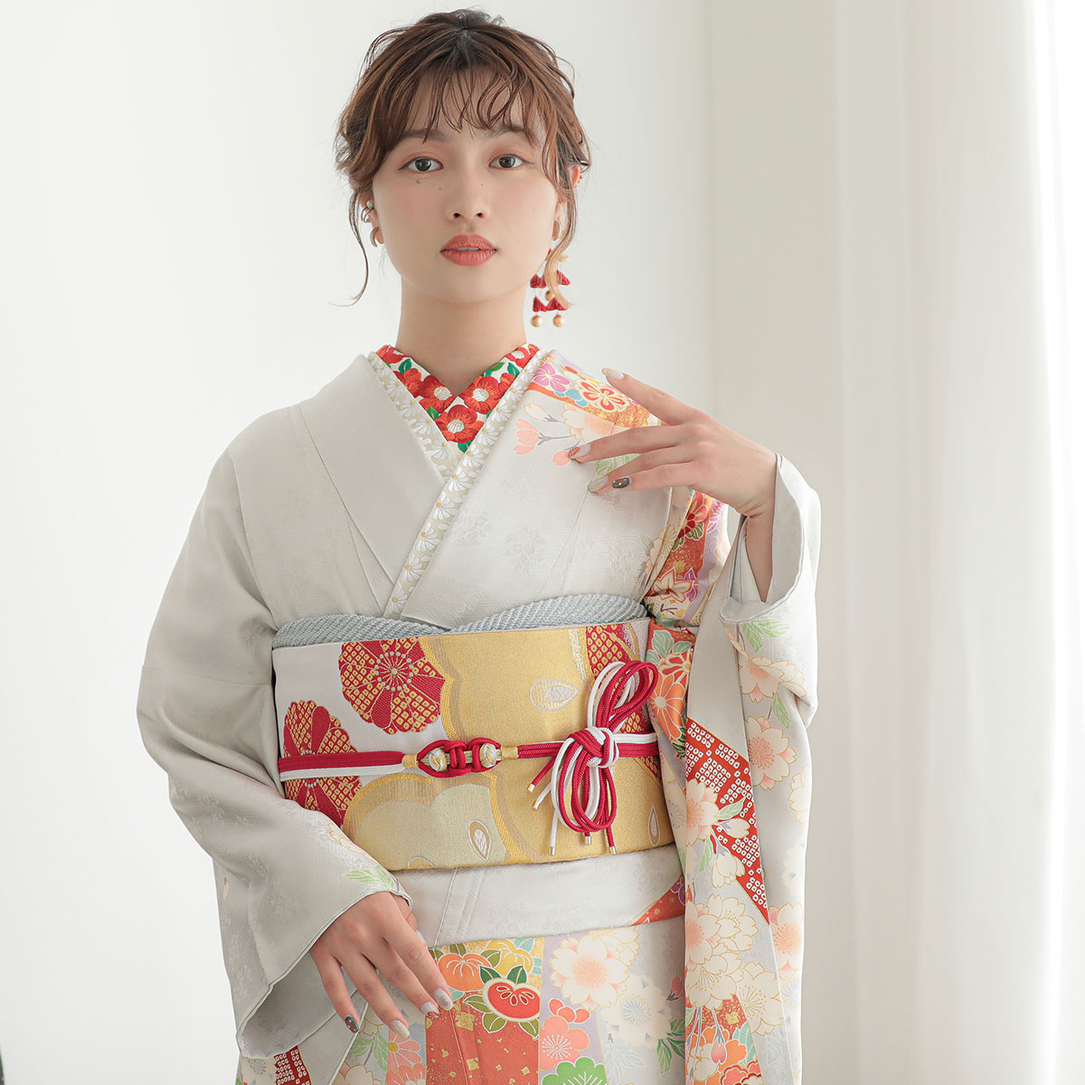 振袖：R1424 グレー 熨斗に八重桜☆(絹)(宅)│ 振袖レンタル │ 京都