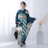 振袖：R1427 青緑 熨斗に花車☆(絹)(宅)│ 振袖レンタル │ 京都着物