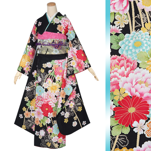 振袖：R1441 kansai 黒 牡丹に菊花 花薬玉☆(絹)│ 振袖レンタル