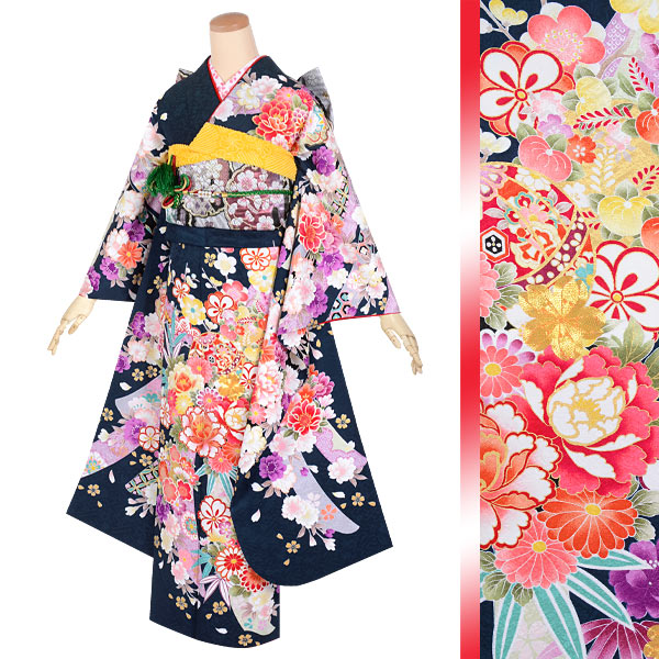 振袖:R1486 【訳あり】紺 束ね熨斗花(絹)│ 振袖レンタル │ 京都着物 振袖:R1486 【訳あり】紺 束ね熨斗花(絹)│ 振袖レンタル │ 京都着物