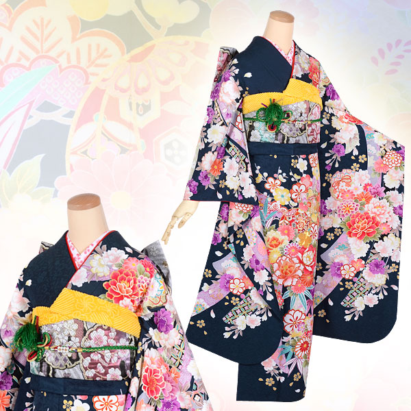 振袖：R1486 【訳あり】紺 束ね熨斗花(絹)│ 振袖レンタル │ 京都着物