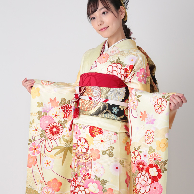 振袖：R1493 黄 吉祥菊牡丹に貝桶(絹)(R873)│ 振袖レンタル │ 京都