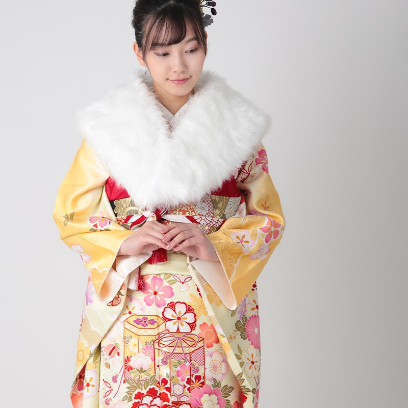 振袖：R1493 黄 吉祥菊牡丹に貝桶(絹)(R873)│ 振袖レンタル │ 京都