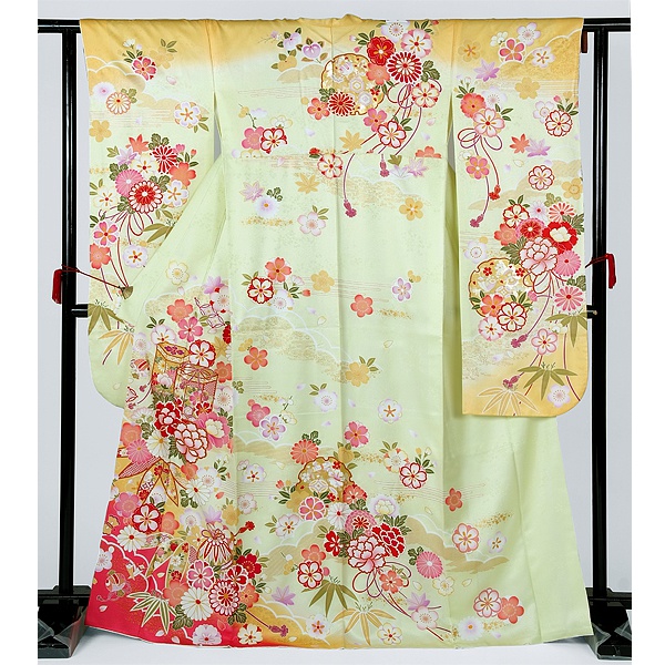 振袖：R1493 黄 吉祥菊牡丹に貝桶(絹)(R873)│ 振袖レンタル │ 京都