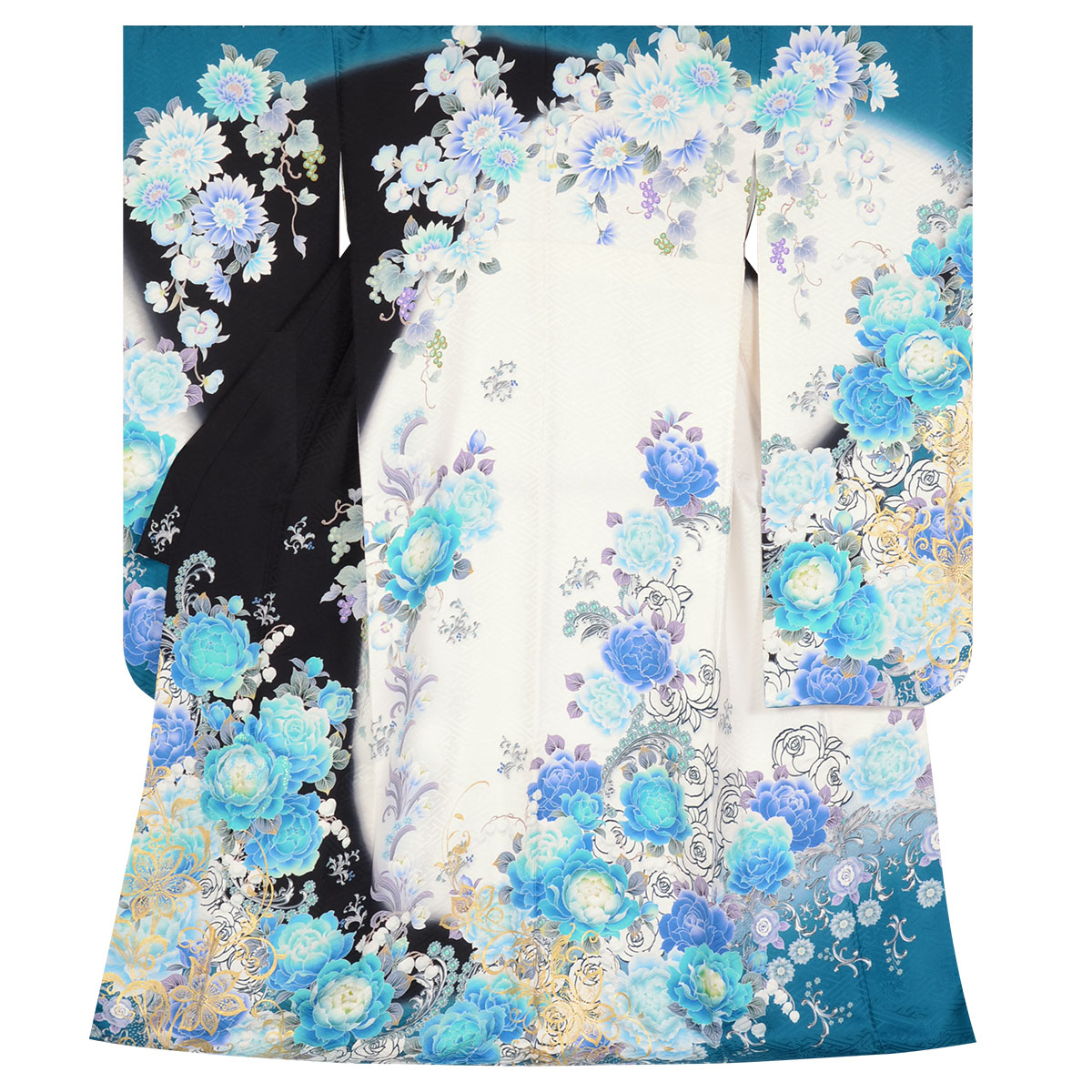 振袖：R1497 白×黒 青い花☆（絹）│ 振袖レンタル │ 京都着物