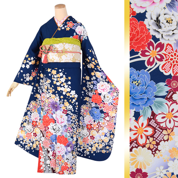 振袖：R1504 紺 流水牡丹桜│ 振袖レンタル │ 京都着物レンタル夢館