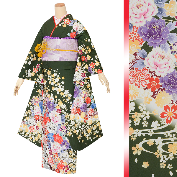 振袖：R1505 深緑 流水牡丹桜│ 振袖レンタル │ 京都着物レンタル夢館