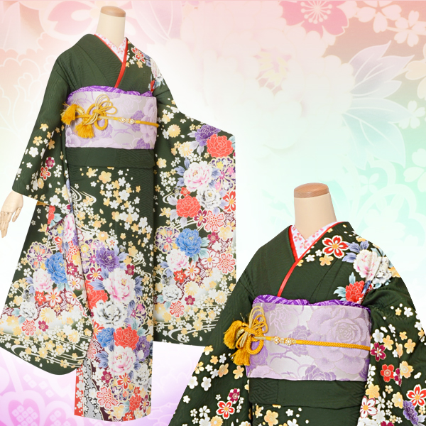 振袖：R1505 深緑 流水牡丹桜│ 振袖レンタル │ 京都着物レンタル夢館